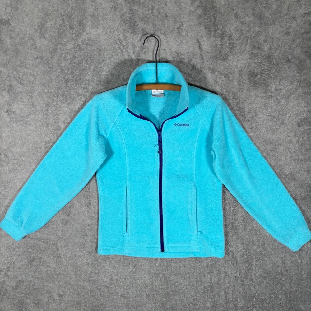 Columbia Girls Aqua Blue Full Zip Fleece Jacket Size 14/16 WG6376 Purple Trim